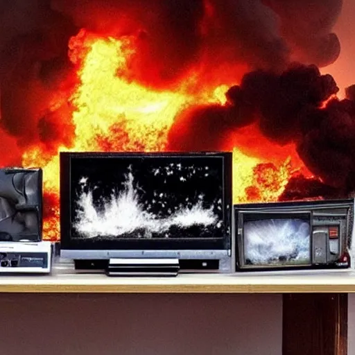 Prompt: “A lot of electronic equipment, wires, tv screens and audio meters. Big explosion and fire coming out from the computer screen. in style of Geiger”