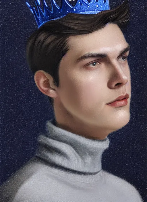 Image similar to portrait of teenage jughead jones wearing a light grey crown, crown, blue turtleneck, 1 9 5 0 s, closed eyes, photorealistic, black hair, glowing lighting, intricate, elegant, glowing lights, highly detailed, digital painting, artstation, concept art, smooth, sharp focus, illustration, art by wlop, mars ravelo and greg rutkowski