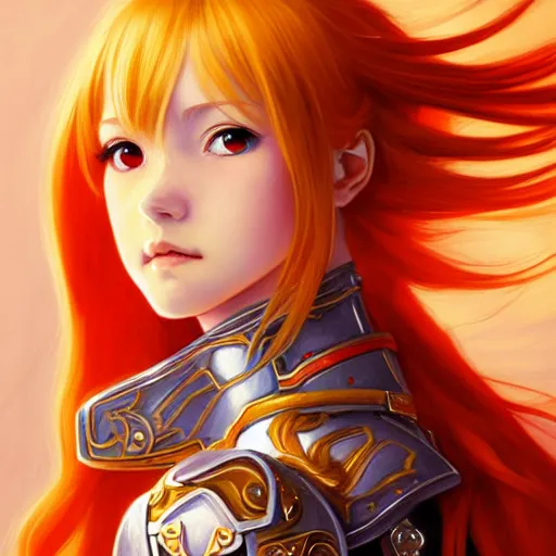 Prompt: Asuna Yuuki, Portrait of a young woman with blonde orange hair wearing a partial paladin armor with a red skirt and white top, face, fantasy, intricate, elegant, highly detailed, digital painting, artstation, concept art, smooth, sharp focus, illustration, art by Fernanda Suarez and Artem Demura and alphonse mucha