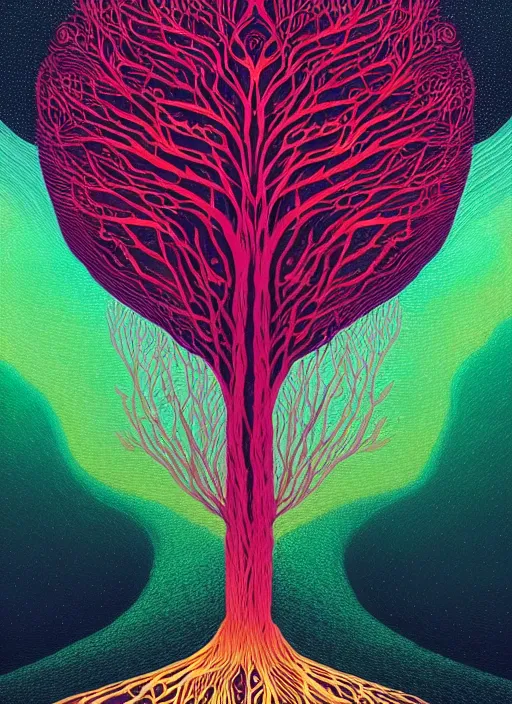 Prompt: prompt! dream symmetry!! stunning portrait of a tree of life!! by victo ngai, kilian eng vibrant colours, dynamic lighting, digital art, winning award masterpiece, fantastically beautiful, illustration, aesthetically inspired by beksinski and dan mumford, trending on artstation, art by greg rutkowski, 8 k