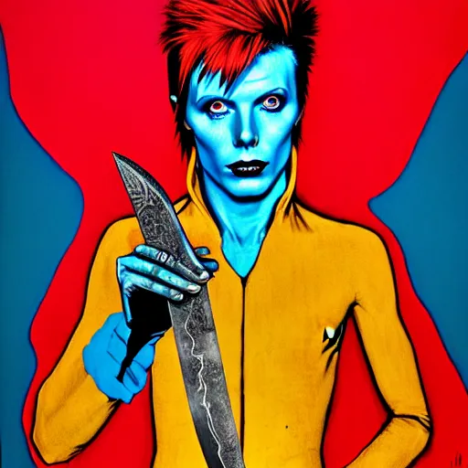 Image similar to Ziggy Stardust holding a Bowie knife, hand, james jean