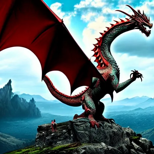 Image similar to giant dragon standing on a mountain, highly detailed, 4 k, hdr, award - winning, directed by zack snyder