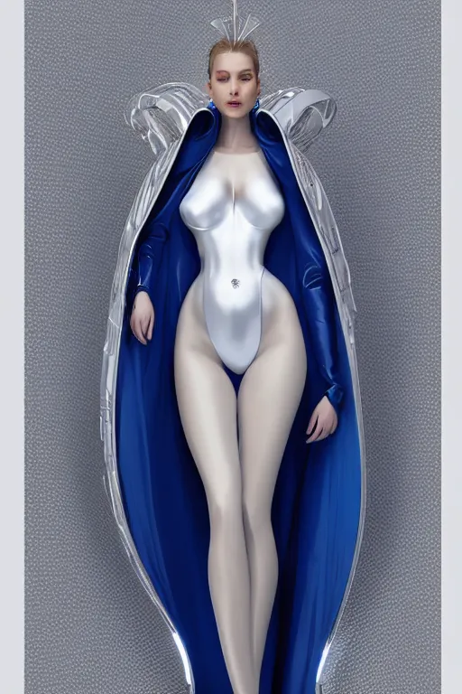 Image similar to detailed beautiful noun in opened white gold blue coat, seductive confident pose, attractive feminine curves, intricate details, futuristic, alien, elegant cape, elegant, photorealism, trending on artstation, holy halo, advanced technology, art by moebius and vitaly bulgarov and chanthara
