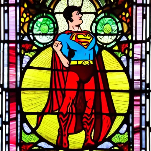 Prompt: laughing superman in victorian stained glass