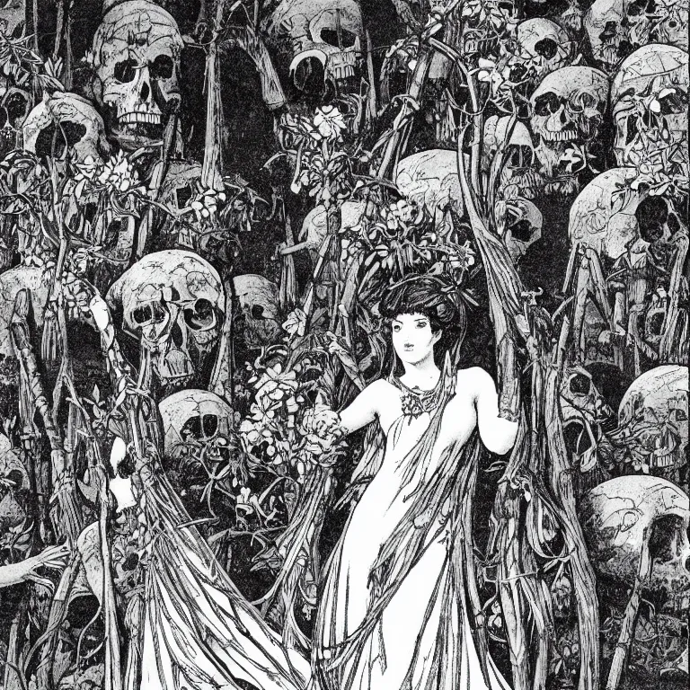 Prompt: an illustration from 1 8 9 9 of a young goddess peering from behind an enormous conical pile of skulls with huge flowers on tall stalks behind her, manga style of kentaro miura