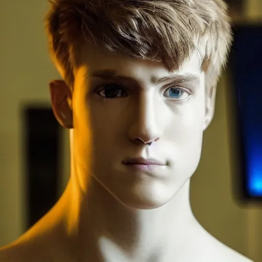 Image similar to “a realistic detailed photo of a guy who is an attractive humanoid who is half robot and half humanoid, who is a male android, twitch streamer Ninja Tyler Blevins, shiny skin, posing like a statue, blank stare, gaming room, close up”