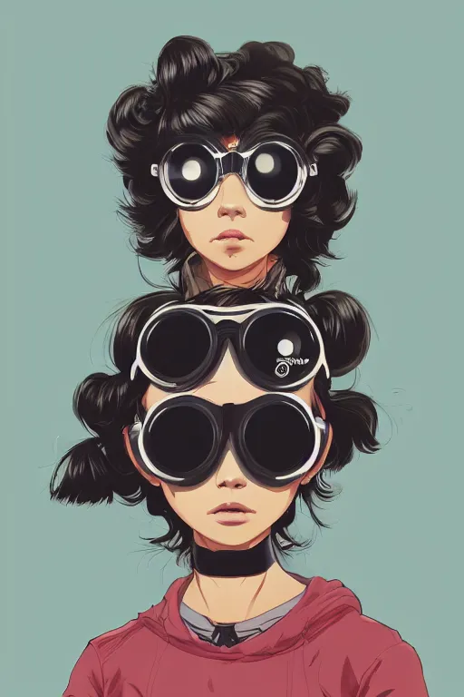 Image similar to face of a beautiful girl wearing goggles, dark skin, big hair, symmetrical, ilya kuvshinov, jamie hewlett, yoji shinkawa, muted colors, portrait, beautiful detailed illustration, 17th century oil painting, flat colors, studio ghibli, cel shading, loish, pop art,