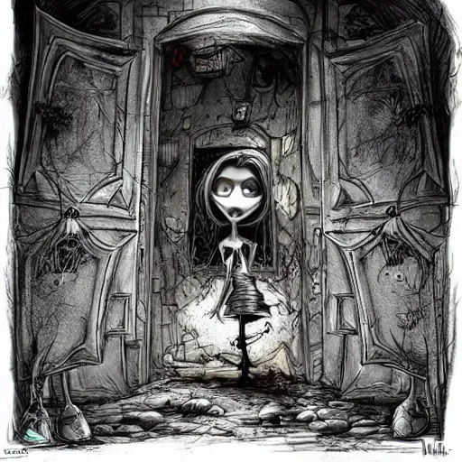 Image similar to grunge cartoon drawing of the end of the world by - michael karcz , in the style of corpse bride, loony toons style, horror themed, detailed, elegant, intricate