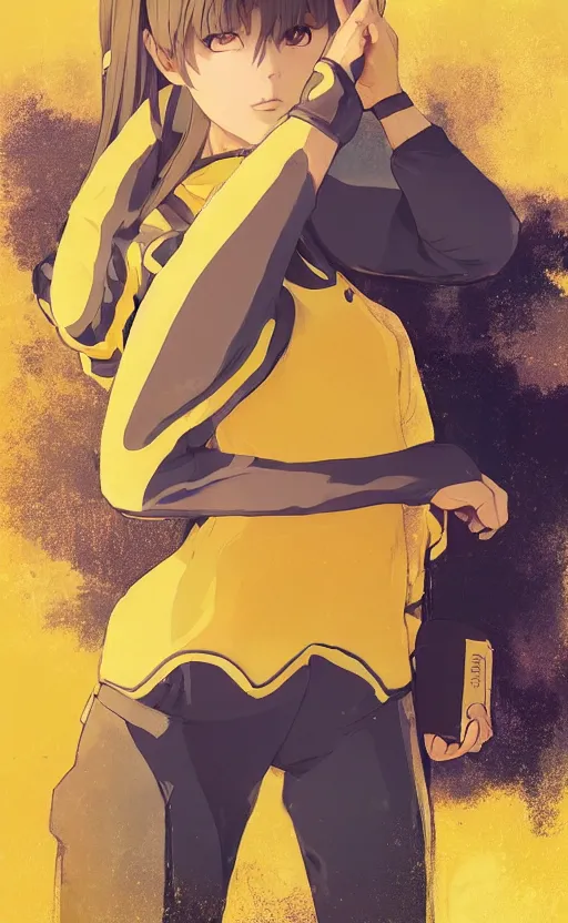 Prompt: manga style, realistic lighting, realistic anatomy, solid colors, made by ilya kuvshinov and and greg rutkowski, safebooru, from arknights, portrait of female beach volley player, standing pose, futuristic yellow lens, sport clothing, simple background