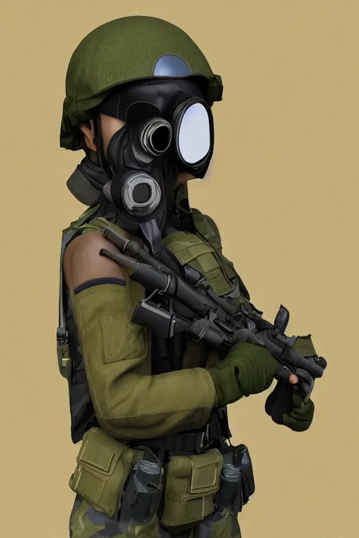 Image similar to british sas female operative with the standard s 1 0 gas mask and the black uniform, 8 0 s, artstation, trending on artstation, establishing shot