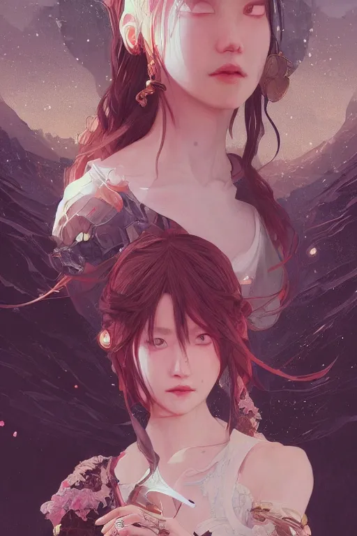 Image similar to portrait ayaka genshin, in ruined fantasy world Sunrise, ssci-fi, fantasy, intricate, very beautiful and elegant, highly detailed, digital painting, artstation, concept art, smooth and sharp focus, illustration, art by tian zi and WLOP and alphonse mucha