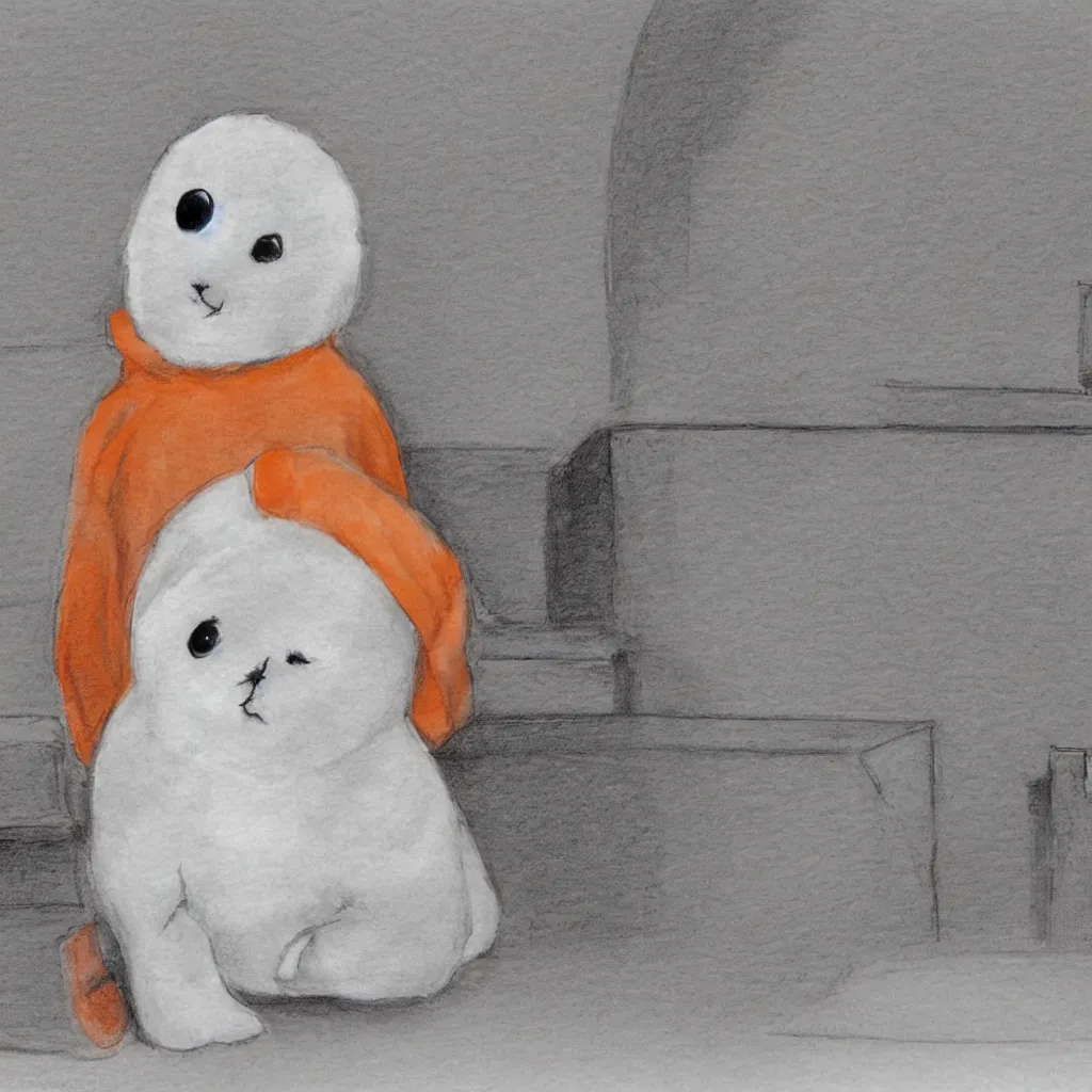 Prompt: a baby harp seal in an orange prisoner jumpsuit at the witness stand, courtroom sketch