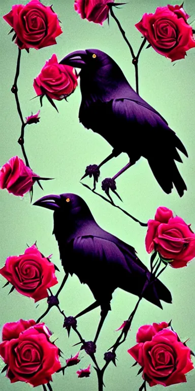 Prompt: crows made out of roses, rose crows, flower crows, crows made of flowers, muted tones, album artwork, expressionist, serene,