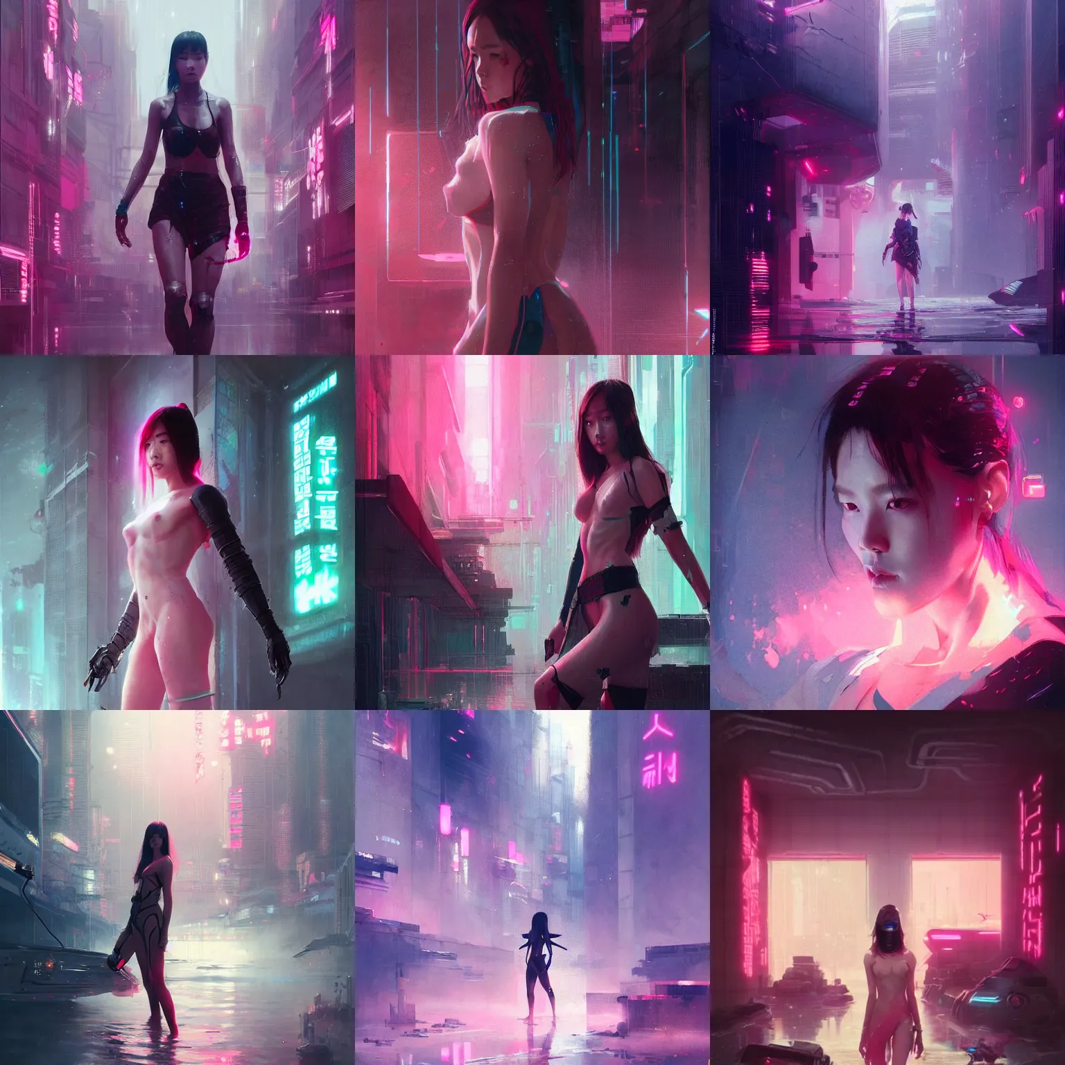 Prompt: lee jin - eun emerging from pink water in cyberpunk theme by greg rutkowski, rule of thirds, seductive look, beautiful