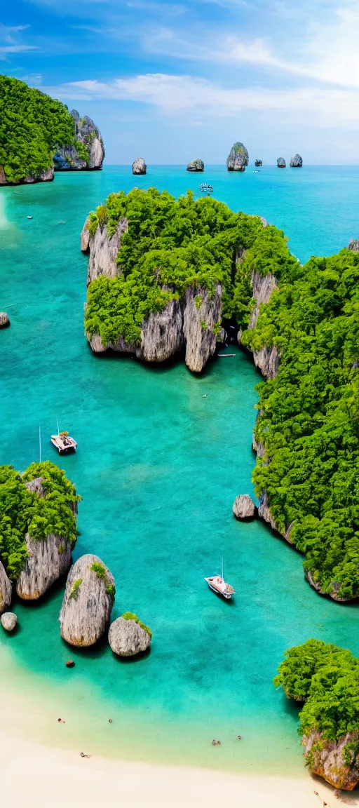 Image similar to koh samui koh krabi crystal clear blue water white sandy beach, 8 k wallpaper, high viewpoint, beautiful lighting, dslr