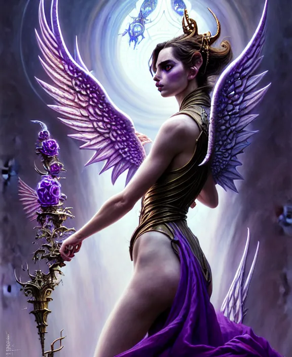 Image similar to beautiful fantasy character portrait, ana de armas, ultra realistic, wide angle, intricate details, the fifth element artifacts, tesseracts, highlights of purple, highly detailed by peter mohrbacher, hajime sorayama, wayne barlowe, boris vallejo, paolo eleuteri serpieri, dishonored 2, white gown, angel wings