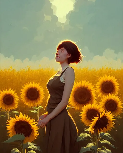 Image similar to cottagecore hyper - realistic portrait of a woman, sunflowers, by atey ghailan, by greg rutkowski, by greg tocchini, by james gilleard, by joe fenton, by kaethe butcher, dynamic lighting, gradient light yellow, brown, blonde cream and white color scheme, grunge aesthetic