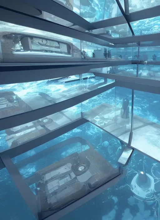 Image similar to a futuristic sci - fi underwater chamber with mirrored walls