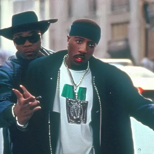 Image similar to a film still from new jack city. scene with nino brown and g - money. tupac shakur as g - money
