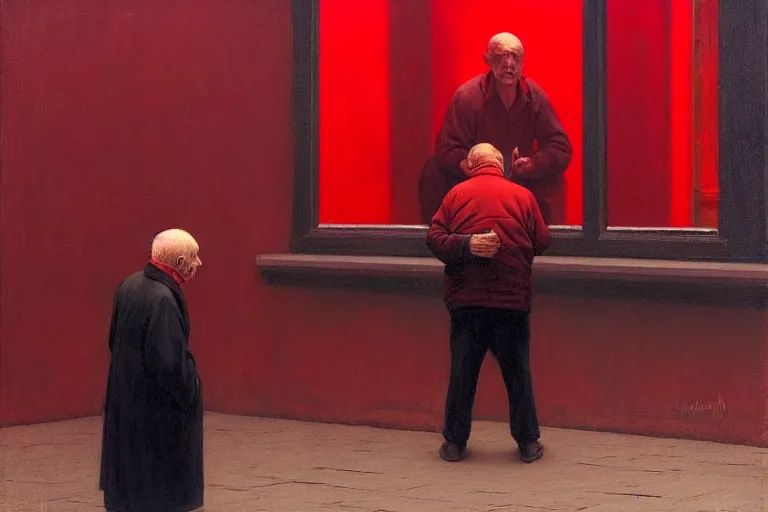 Image similar to only with red, a red old man try to sell a portrait, cheering crowd, in a old city square, in the style of beksinski, parts by edward hopper, parts by rodcenko, parts by yue minjun, intricate and epic composition, red by caravaggio, insanely quality, highly detailed, masterpiece, red light, artstation, 4 k