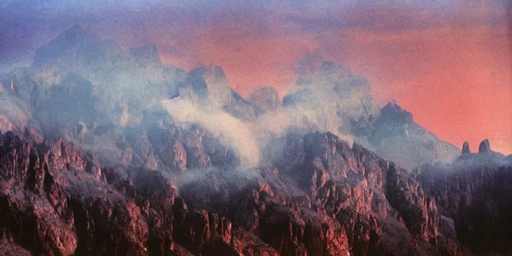 Prompt: 1 9 2 0 s color spirit photography 9 1 1 1 2 1 of alpine red sunrise in the dolomites, smoke from mountains, beautiful, by william hope, beautiful, dreamy, grainy