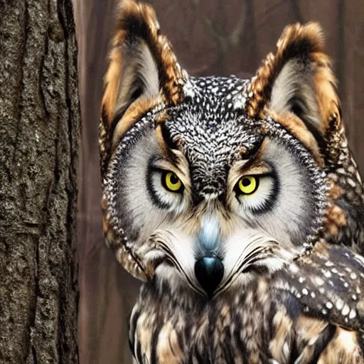 Image similar to mixture between an! owl and wolf, captured in a forest