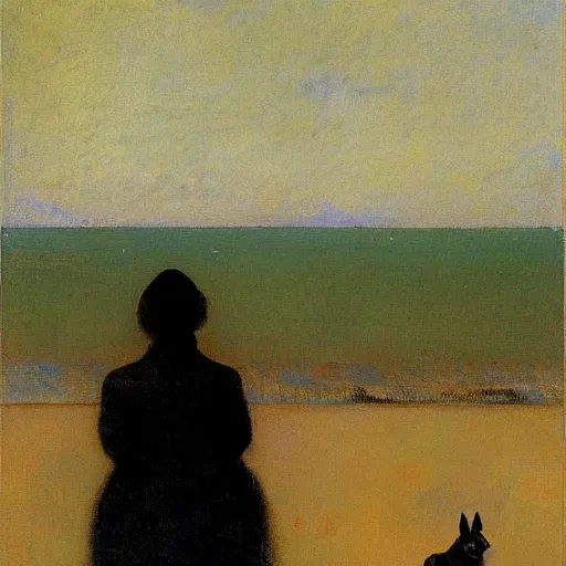 Image similar to a woman and her black and brown chihuahua looking out at the ocean by odilon redon