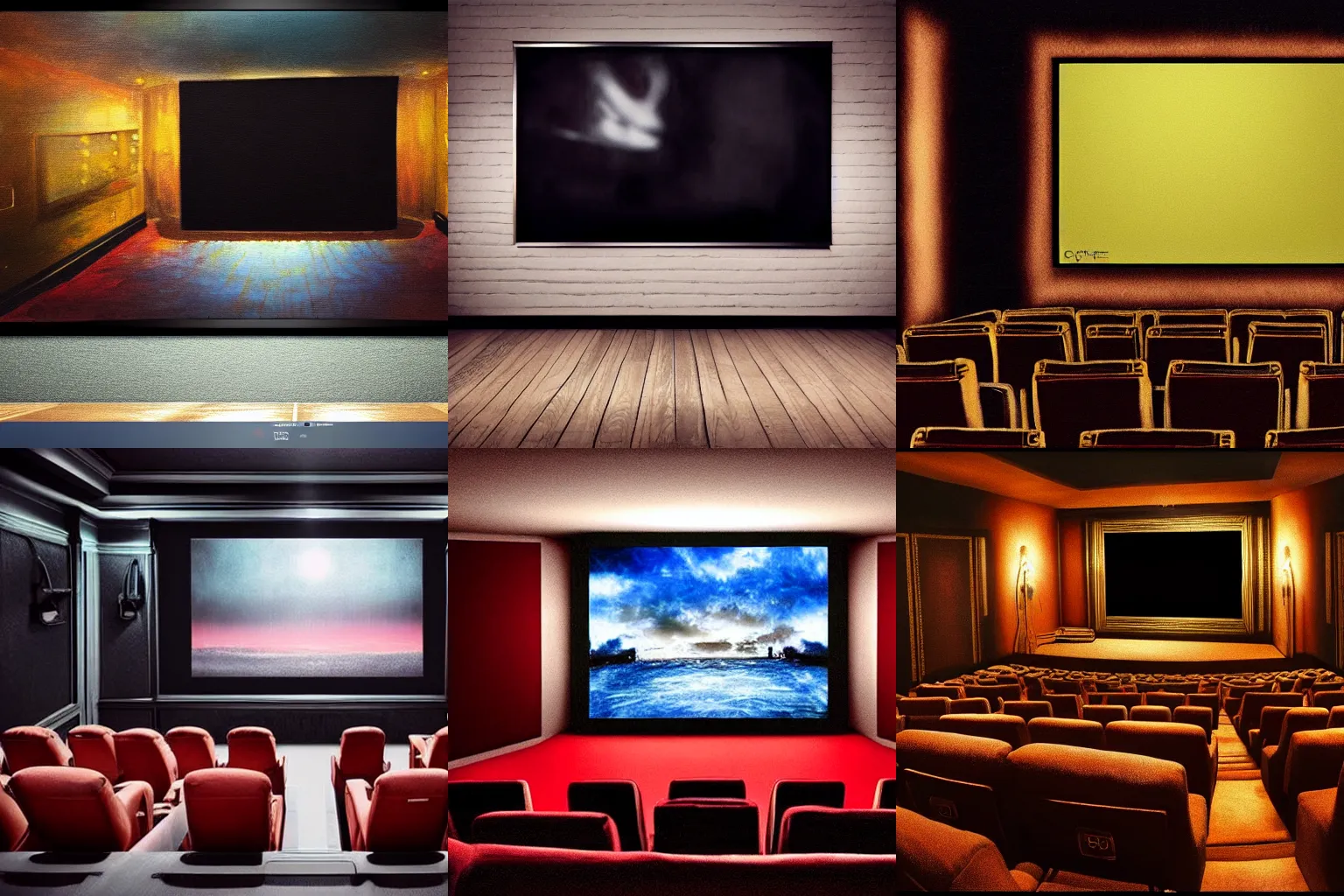 Prompt: cinema projected on a cinema screen in a cinema, cinematic, oil painting, ultra realistic, dark colors,