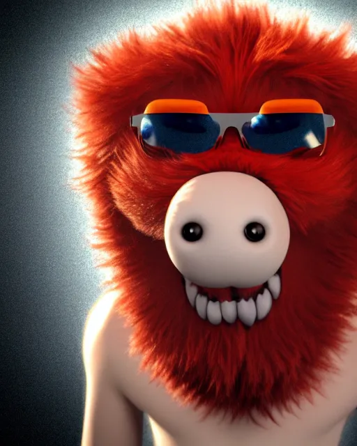 Image similar to 3 d render of completely red hairy friendly antropomorphic creature wearing chrome shades, no nose, small smile, full body, standing on 2 feet, in the style of pixar, white background, unreal engine 5, octane render, highly detailed hdr