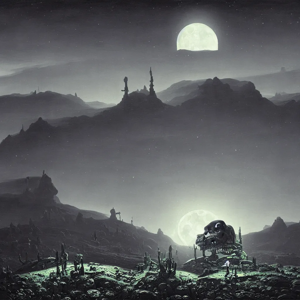 Image similar to a surreal and awe - inspiring science fiction landscape, moon in the sky looks like a skull, intricate, elegant, highly detailed matte painting by george bellows and simon stalenhag