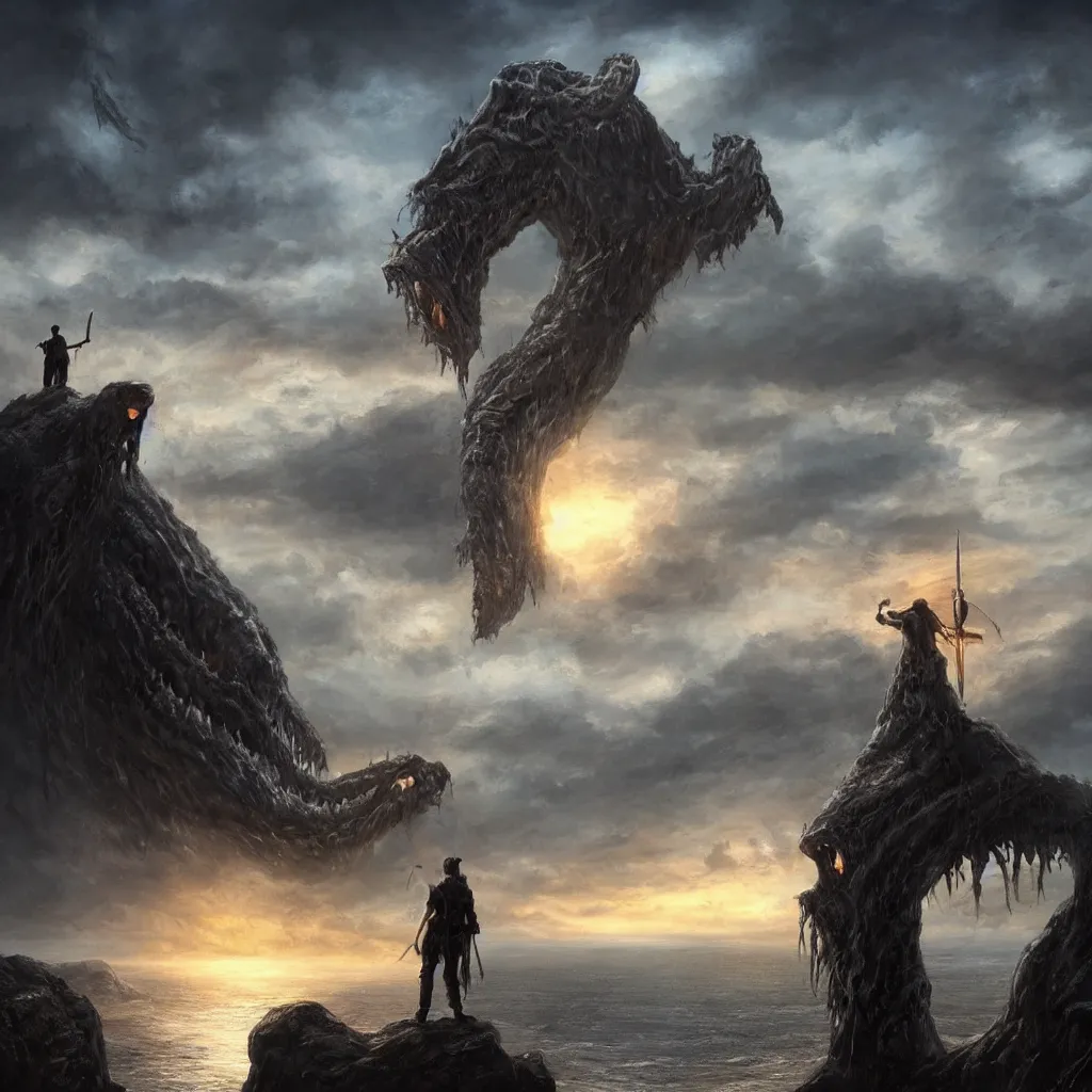 Image similar to a man holding a sword looking out over a cliff while a large lovecraftian monster looms over him darkening the setting sun behind him , hyper realistic ,gloomy, horror, scary, nightmare