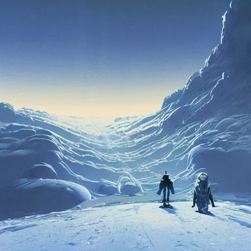 Image similar to Frozen frontiers on an alien planet, floating mountains above clouds in the background, vanishing perspective of a road, ravine, Syd Mead, John Harris, Federico Pelat,