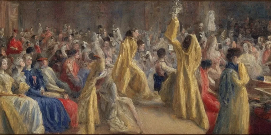 Image similar to an audience full of tall terrifying aliens in robes. They are watching a human ballet. in the victorian era. in the style of an impressionist painting.