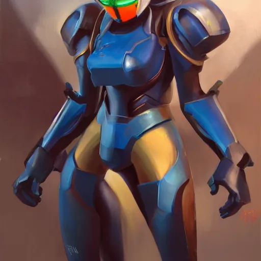 Image similar to greg manchess portrait painting of armored zero suit samus aran as overwatch character, medium shot, asymmetrical, profile picture, organic painting, sunny day, matte painting, bold shapes, hard edges, street art, trending on artstation, by huang guangjian, gil elvgren, ruan jia, greg rutkowski, gaston bussiere