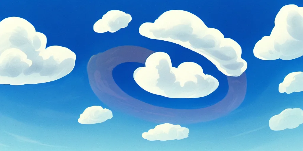 Image similar to cartoon concept art, clean blue sky, spiral clouds, from the hortons