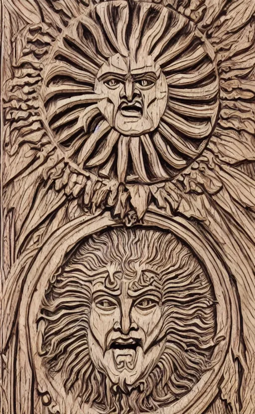 Image similar to an extremely detailed wood relief carving depicting a monstrous image of the god apollo transforming into a stylized sun, medieval, renaissance, manuscript, woodcut, in the style of albrecht durer, alchemical symbols