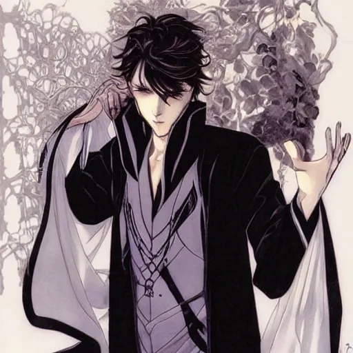 Prompt: portrait of very handsome young wizard with dark hair and white blouse, art by yoshitaka amano, art by adam hughes