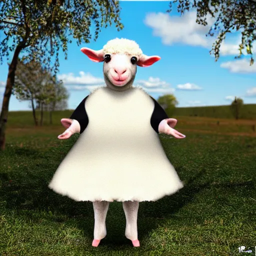 Image similar to a photorealistc sheep character wearing dress, speaking german greetings