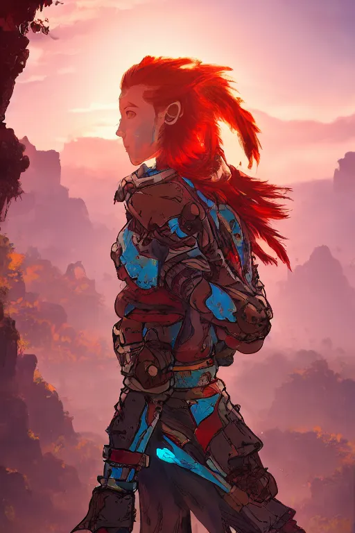 Image similar to combination suit armor aloy horizon forbidden west horizon zero dawn radiating a glowing aura global illumination ray tracing hdr fanart arstation by ian pesty and alena aenami artworks in 4 k tribal robot ninja mask helmet backpack