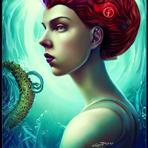 Image similar to lofi underwater mermaid biopunk bioshock portrait of scarlett johansson, octopus, Pixar style, by Tristan Eaton Stanley Artgerm and Tom Bagshaw.