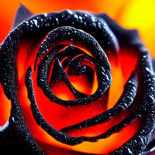 Image similar to award - winning macro of a beautiful black rose made of glowing molten magma