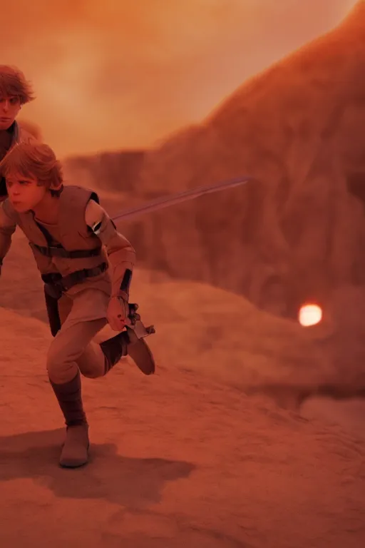 Image similar to young luke skywalker in a heroic action pose against a tattooine sunset, close up, dramatic lighting, octane render