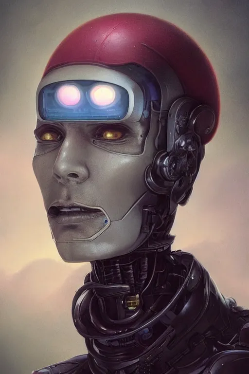 Prompt: portrait of a half man half robot, straight on portrait, by artgerm, tom bagshaw, gerald brom, vaporwave colors, lo - fi colors, vaporwave, lo - fi, moody vibe, goth vibe, 4 k, hd,