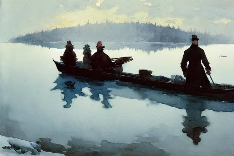 Image similar to watercolor painting of crystal clear ice lake, reflective, winter, fog and snowfall, ambient lighting, art by anders zorn and winslow homer, wonderful masterpiece by greg rutkowski, cinematic light, american romanticism by greg manchess, creation by tyler edlin