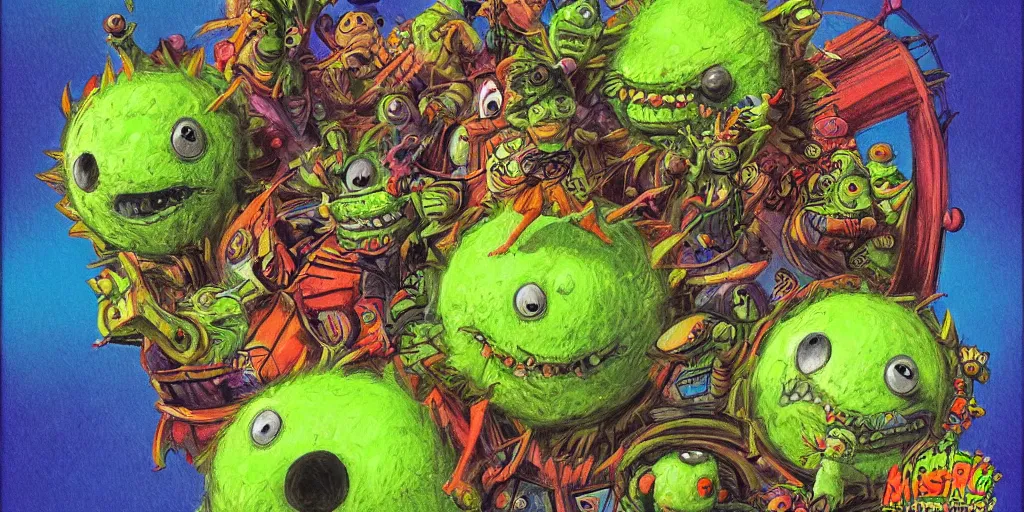 Prompt: tennis ball monsters, parade, theme park, digital art, fantasy, magic, chalk, chalked, trending on artstation, ultra detailed, detailed, fine details, professional illustration by basil gogos