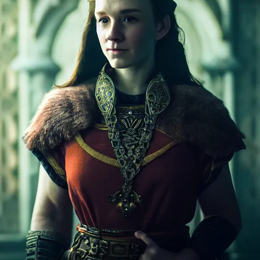 Image similar to the elder scrolls vi, charismatic regal brunette female jarl, portrait, throne room, atmospheric lighting, painted, intricate, volumetric lighting, beautiful, daytime, sunny weather, slight overcast, sharp focus, deep colours, ultra detailed, by leesha hannigan, ross tran, thierry doizon, kai carpenter, ignacio fernandez rios