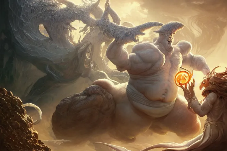 Prompt: ultrarealistic male mage fighting a gigantic white fat monster, an obese white monstrosity, fantasy painting, octane render, extreme intricate details, elegant, cinematic lighting, artstation, dnd art, cgsociety, sharp focus, beautiful digital painting by artgerm, gerald brom, wlop, alphonse mucha