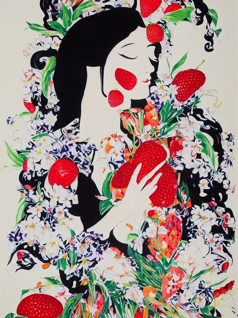 Image similar to “art in an Australian artist’s apartment, portrait of a woman wearing white cotton cloth, eating luscious fresh raspberries and strawberries and blueberries, Australian Aboriginal and Japanese stylistic influences, white wax, edible flowers, Japanese pottery, ikebana, black walls, acrylic and spray paint and oilstick on canvas”