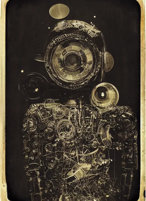 Prompt: old wetplate daguerreotype portrait of futuristi robot, dubbel exposuree, explosion of data fragments, fractal, intricate, elegant, highly detailed, parallax, leica, medium format, subsurface scattering, by jheronimus bosch and greg rutkowski and louis jacques mande daguerre