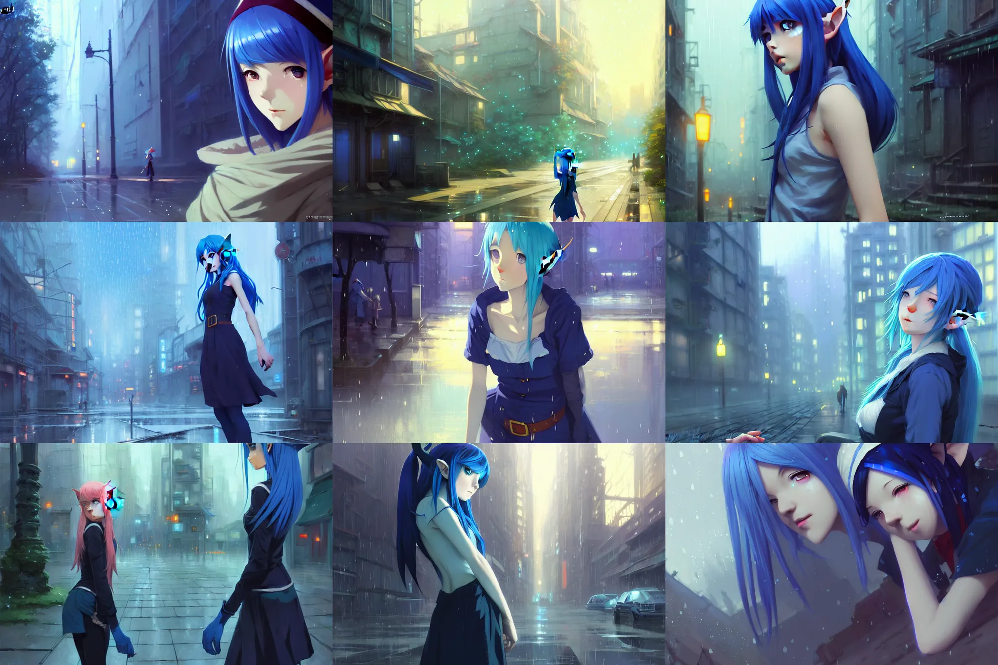 Prompt: beautiful young elf woman with blue hair and elf ears anime abandoned city scene spring night rainy setting, expert high detail concept art, perfect proportions fine face, realistic shaded lighting poster ilya kuvshinov, katsuhiro, jeremy lipkin and michael germash, makoto shinkai, loish and clamp style, trending on art station, best selling artist